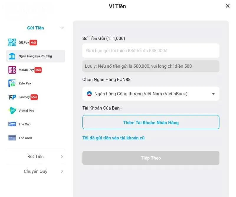 Nạp tiền tại Fun88 bằng ngân hàng siêu tốc